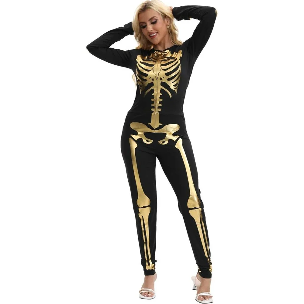 Women's Gold Skeleton Form Fitting Flattering Double Sided Skeleton Costume - Picture 5 of 9
